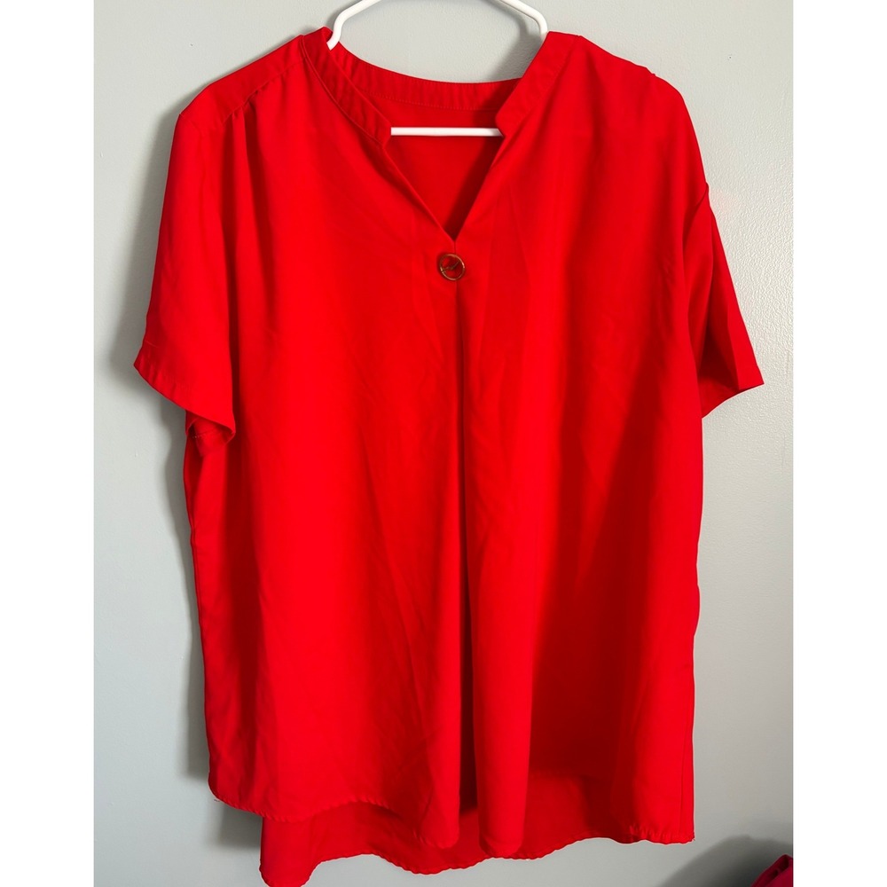 Red V-Neck Short Sleeve Blouse Gold Hardware Accent Plus Size 3XL